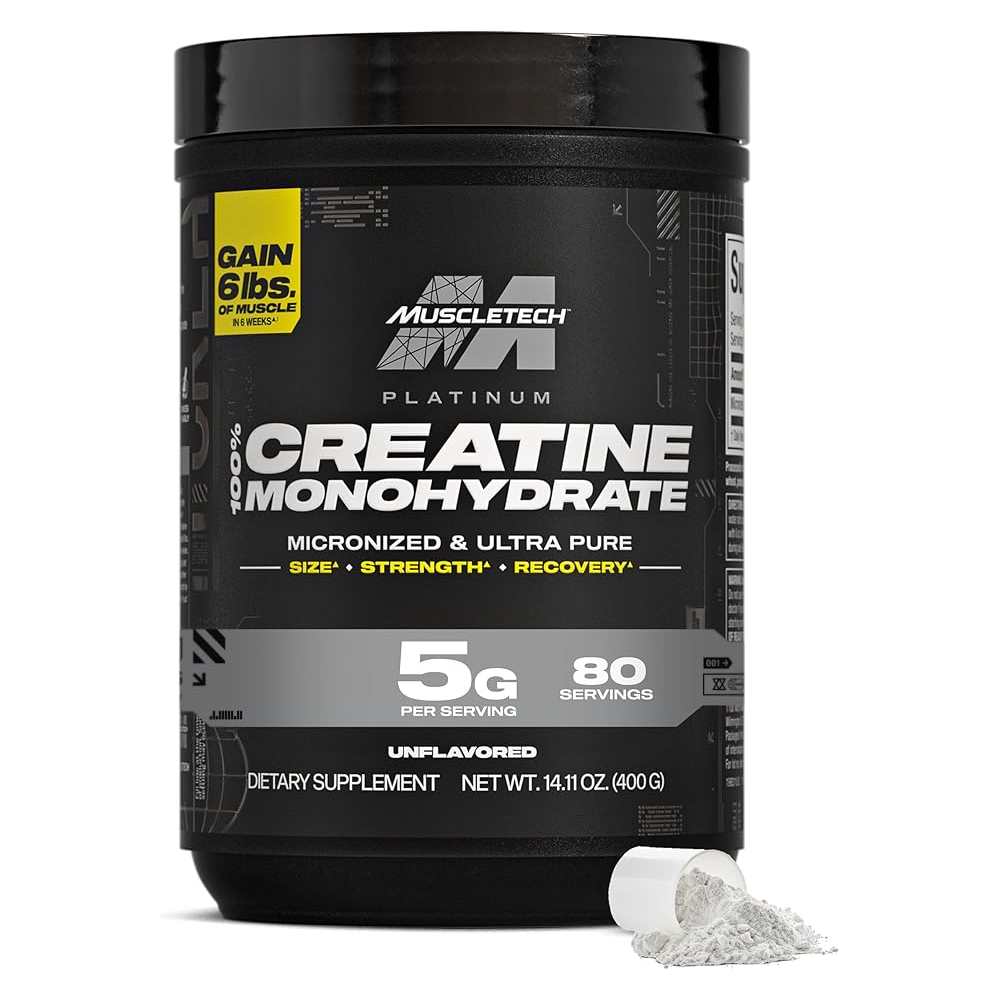 Muscle Tech Creatine Monohydrate Powder, Platinum Pure (80 Servings) Unflavored Micronized Creatine for Men & Women