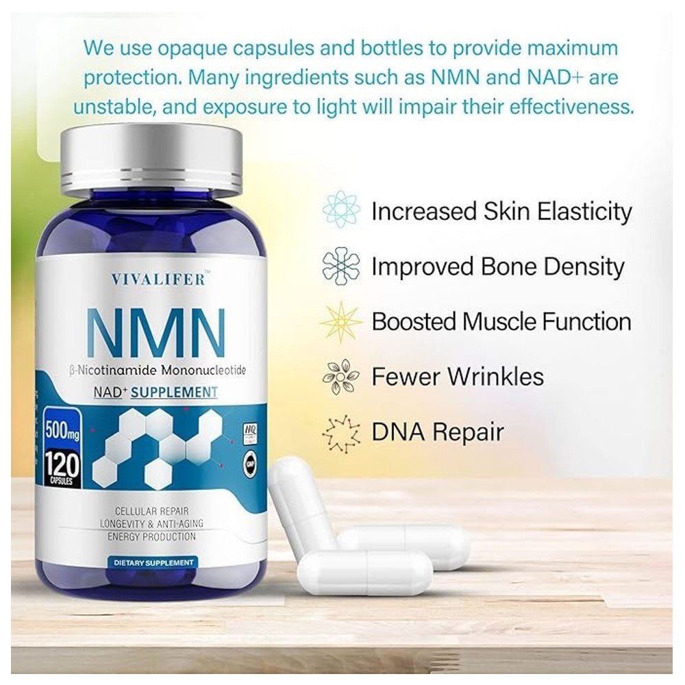 VIVALIFER NMN 500mg - NAD+ Supplement for Cellular Repair, Longevity, Anti-Aging &amp; Energy - 120 Capsules - GMP Certified Dietary Supplement thumbnail 2