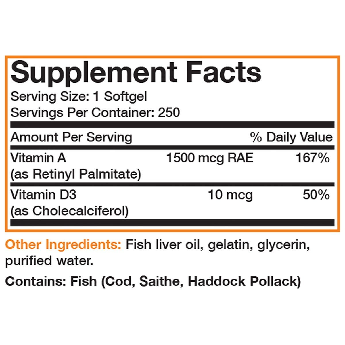 Bronson Vitamins Vitamin a &amp; D Fish Liver Oil Efa - 250 Softgels thumbnail 2