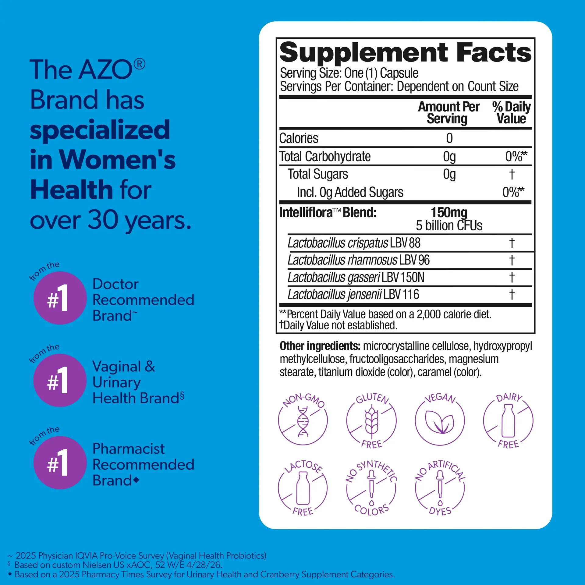AZO Complete Feminine Balance Daily Probiotic - Supports Vaginal Health, Restores pH &amp; Good Bacteria Balance, Clinically Proven, 30 Capsules thumbnail 3