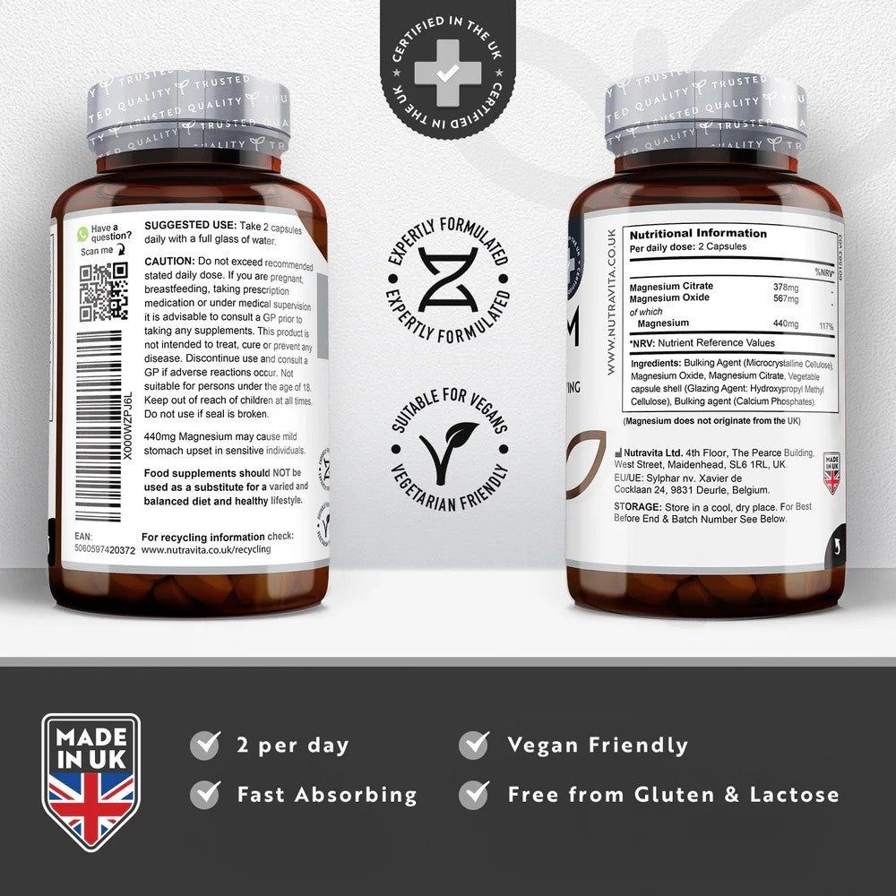 Nutravita 440 Mg Magnesium Citrate | 180 Capsules | Muscle, Nerve &amp; Bone Support thumbnail 2