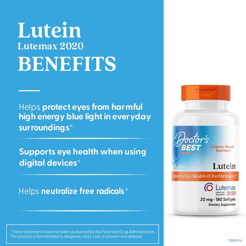Doctor's Best Lutein, 20 Mg, Supports Eye Health &amp; Performance 180 Softgels thumbnail 2