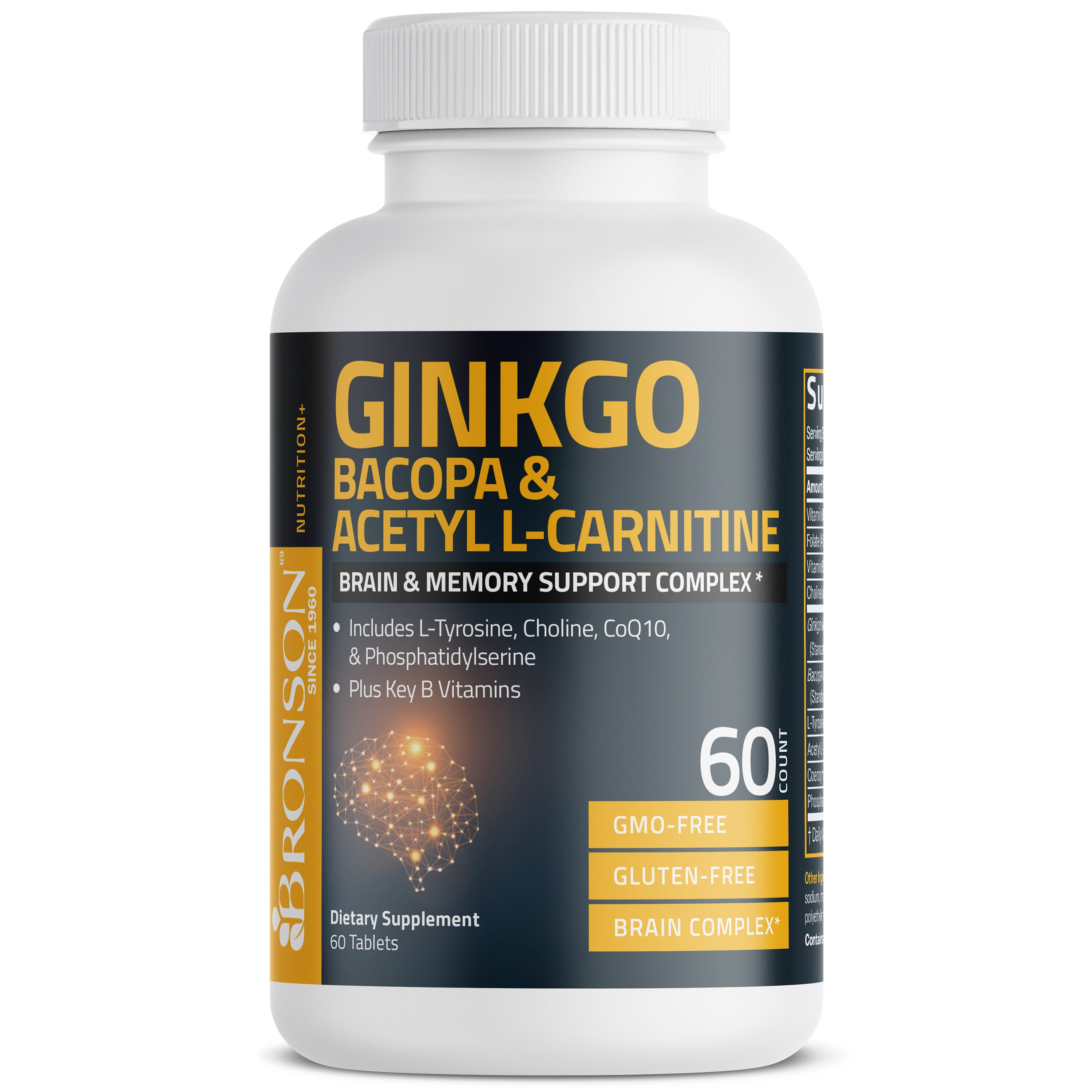 Bronson Vitamins Ginkgo, Bacopa &amp; Acetyl L-Carnitine 30 Tabs thumbnail 2