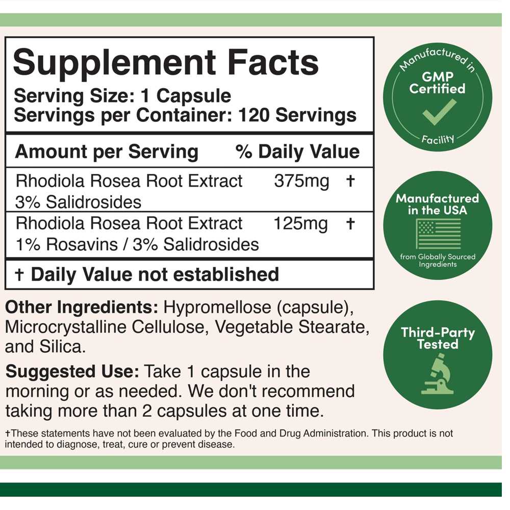Double Wood Rhodiola Rosea Extract 500 Mg – 120 Veggie Capsules – Energy &amp; Endurance thumbnail 2