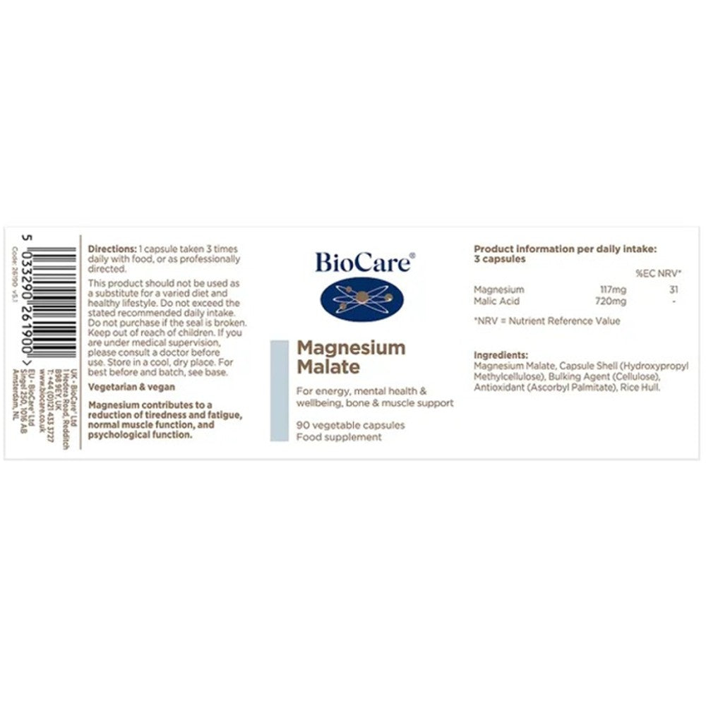 BioCare Magnesium Malate Capsules – Energy &amp; Muscle Support, 90 Veg Caps thumbnail 2