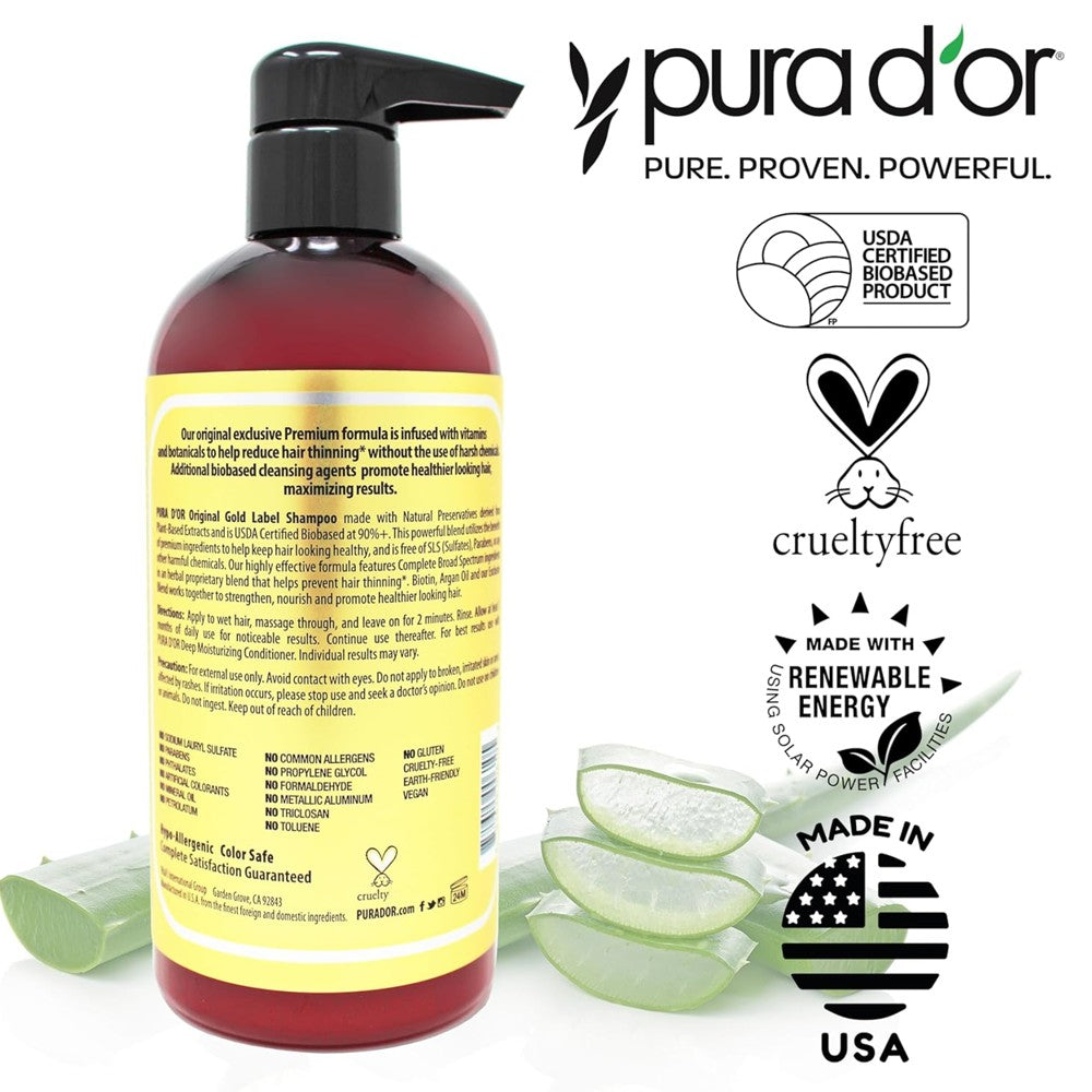 PURA D'OR Original Gold Label Anti Hair-Thinning Biotin Shampoo - 16oz for Men &amp; Women thumbnail 2