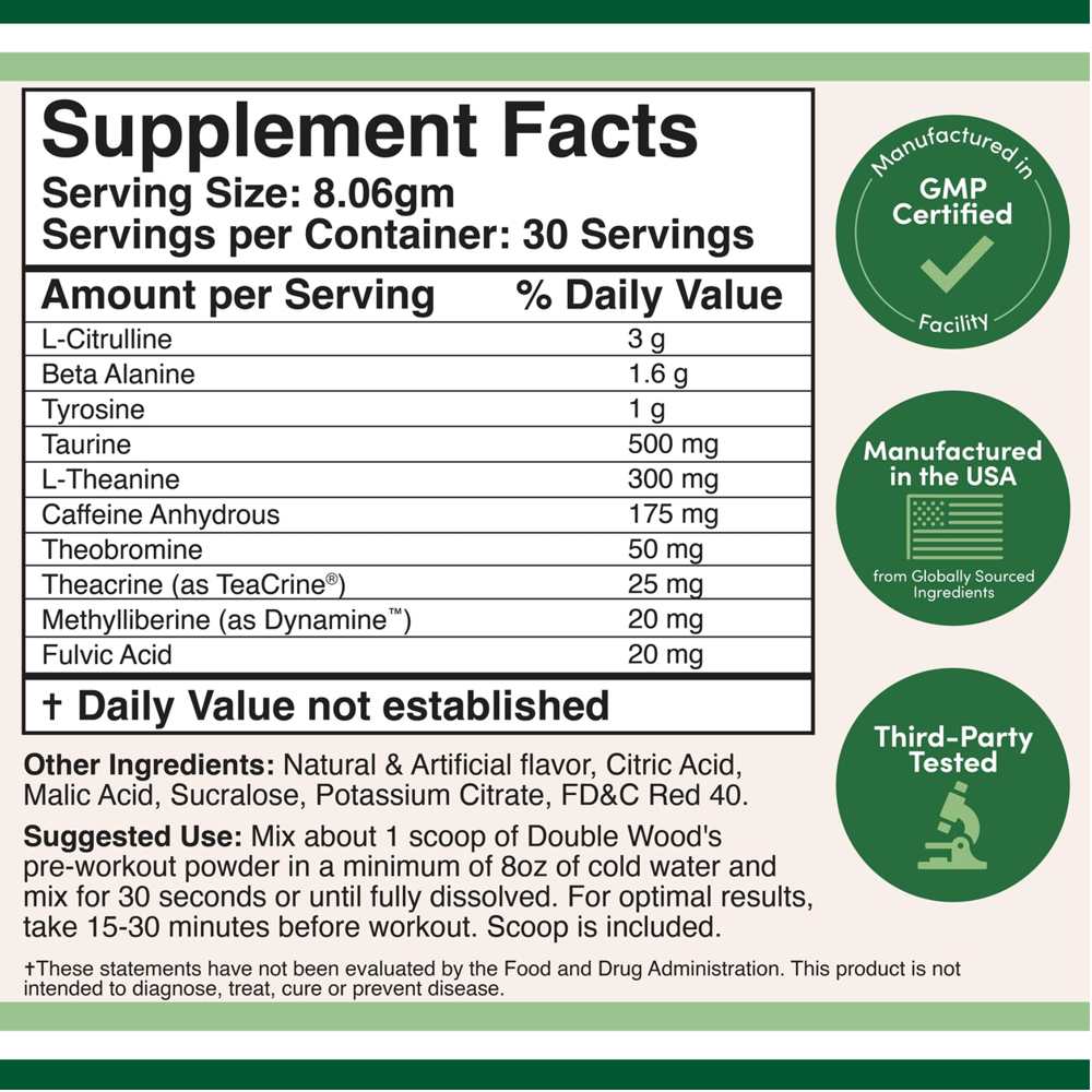 Double Wood Dws Pre-Workout – Energy, Focus &amp; Pump Formula with Caffeine, Dynamine &amp; Citrulline | Watermelon | 241.8g thumbnail 2
