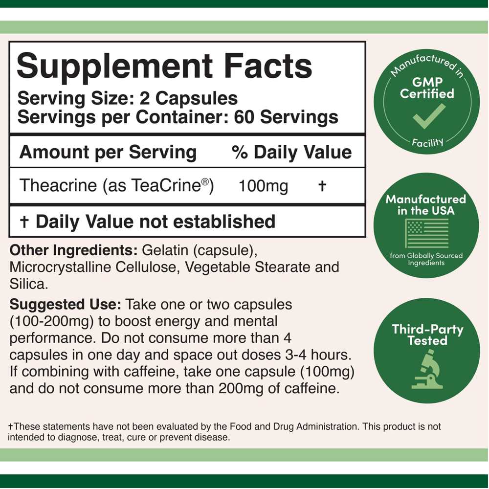 Double Wood® Theacrine – 100mg Mental Focus &amp; Stamina Support | 60 Capsules thumbnail 2