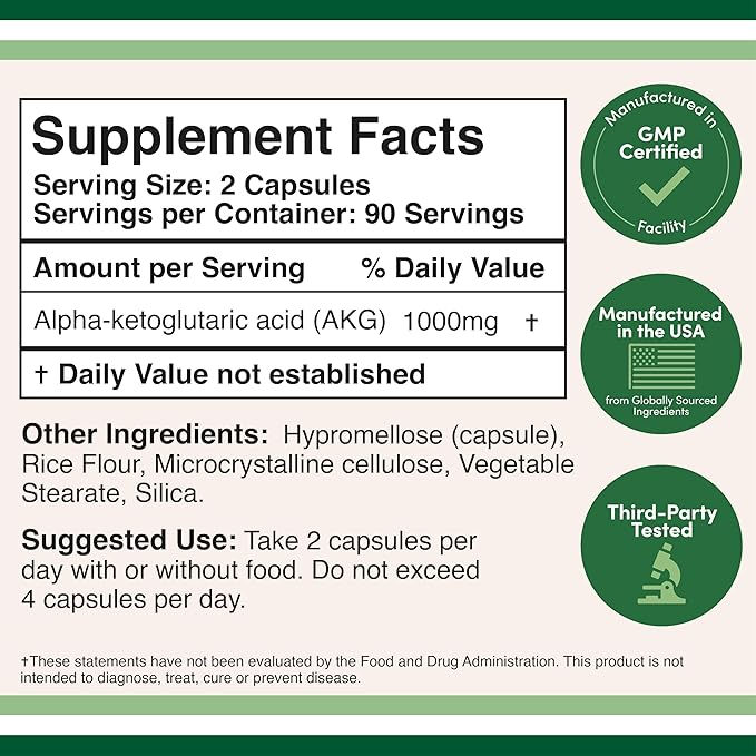 Double Wood Supplements Alpha-Ketoglutaric Acid (akg) 1000mg - 180 Capsules | Supports Athletic Performance &amp; Longevity | Dietary Supplement thumbnail 2