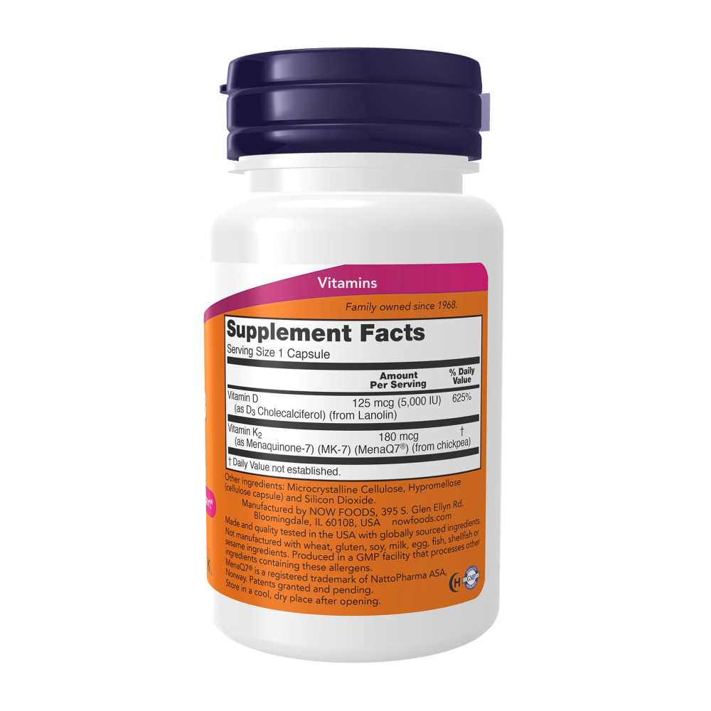 Now Foods Mega D-3 &amp; Mk-7 – 5000 Iu Vitamin D3 + 180 Mcg Mk7 – 60 Capsules thumbnail 4
