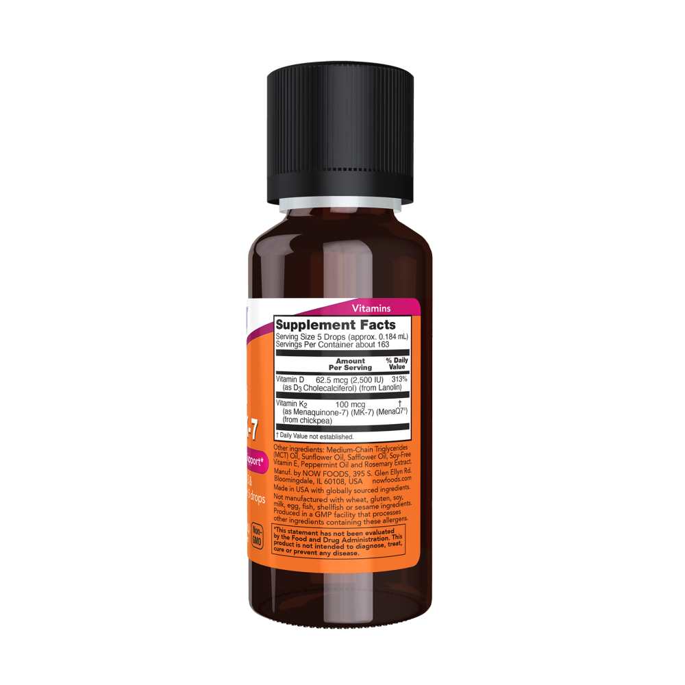 Now Foods Liquid D-3 &amp; Mk-7 – Vitamin D3 2,500 Iu with K2 100 Mcg – Mint Flavor – 30 M L Dropper thumbnail 2