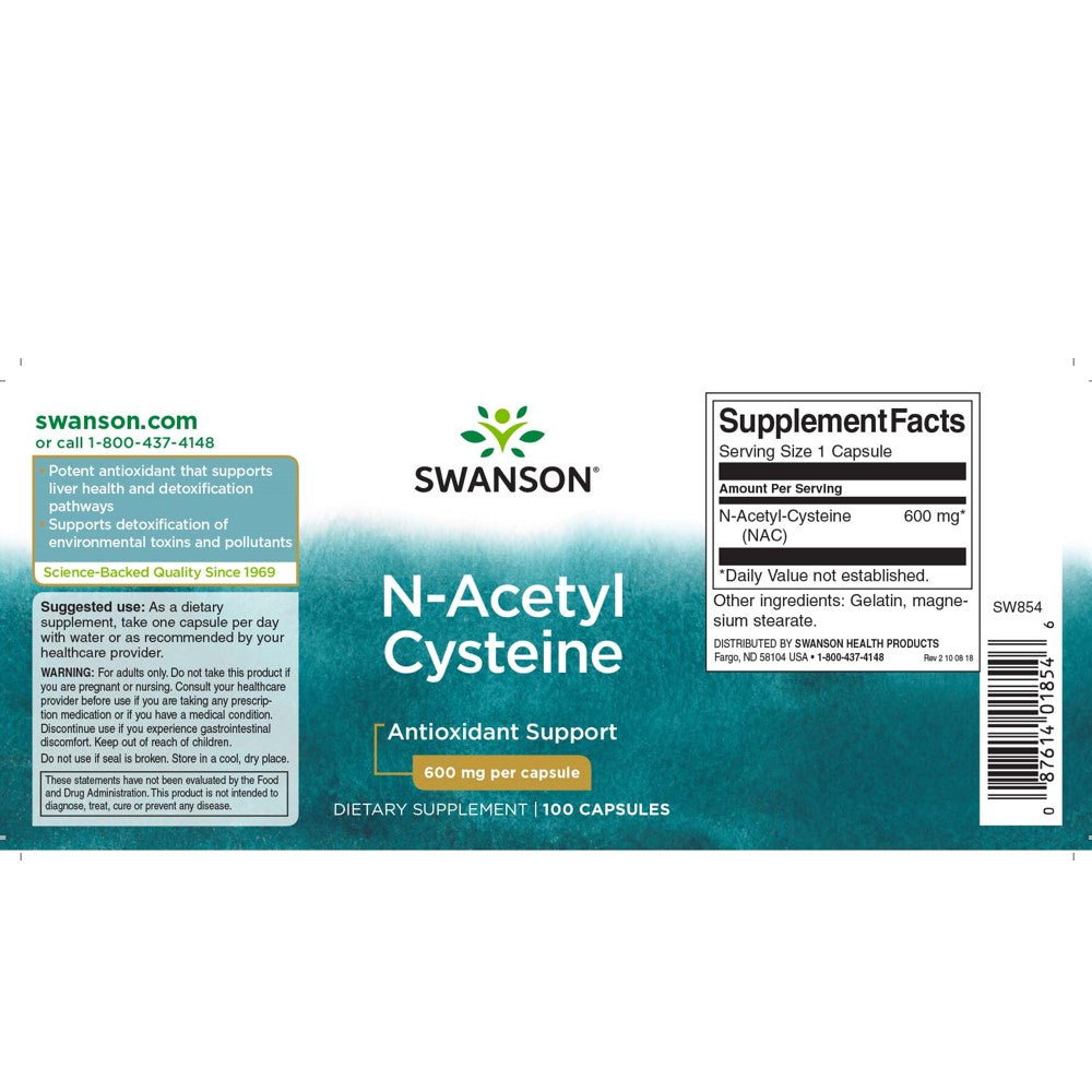 Swanson NAC N-Acetyl Cysteine 600mg - 100 Capsules | Antioxidant &amp; Liver Support thumbnail 2
