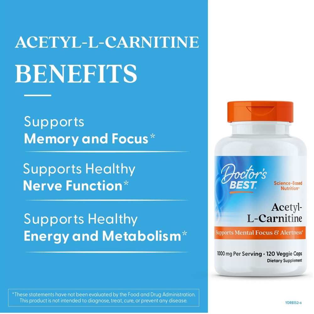 Doctor's Best Acetyl-L-Carnitine, 1000 Mg per Serving, 120 Veggie Caps thumbnail 2