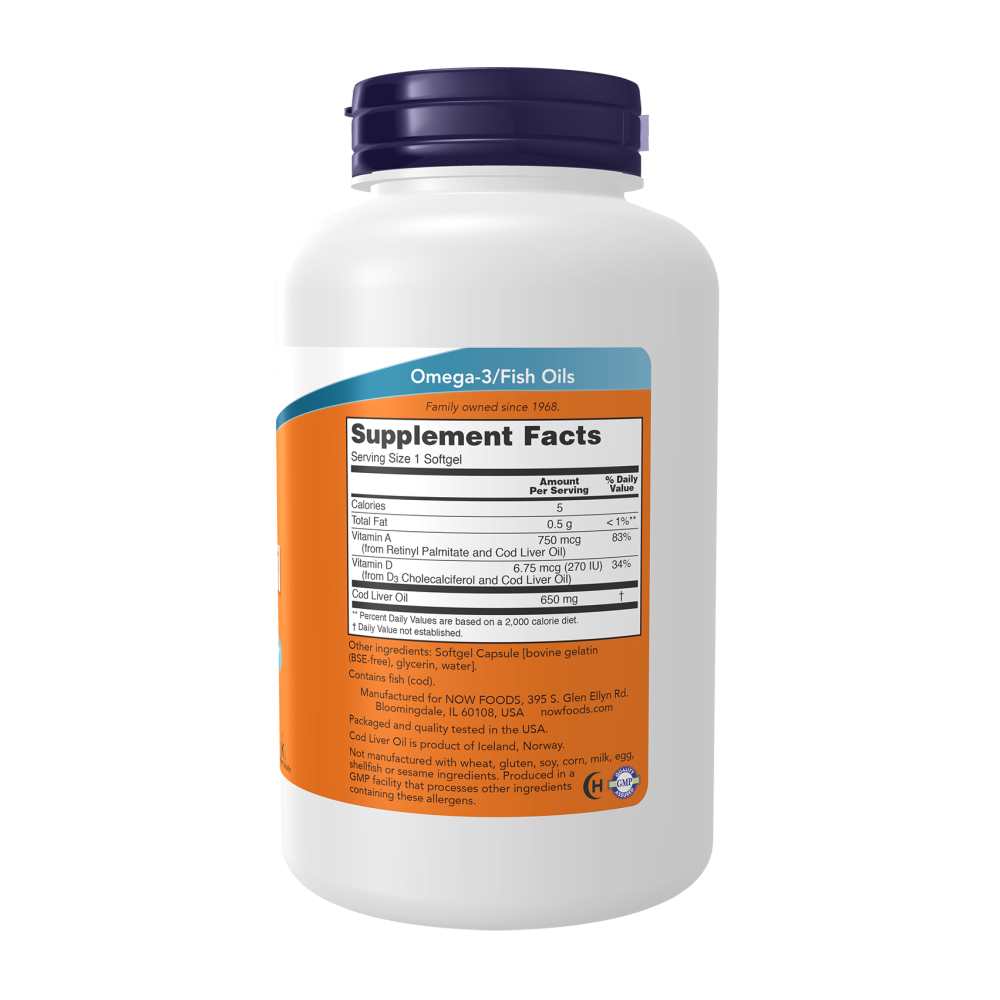 Now Foods Cod Liver Oil 650 Mg – 250 Softgels – Vitamins a &amp; D3 thumbnail 2