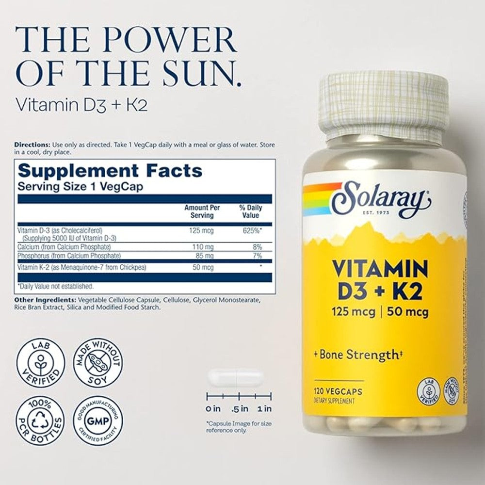 Solaray Vitamin D3 + K2 – Bone &amp; Heart Health thumbnail 2