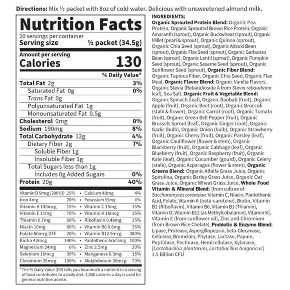 Garden of Life Raw Organic Meal Shake &amp; Meal Replacement Vanilla 10 Packets 2.4 Oz (69g) Powder thumbnail 2