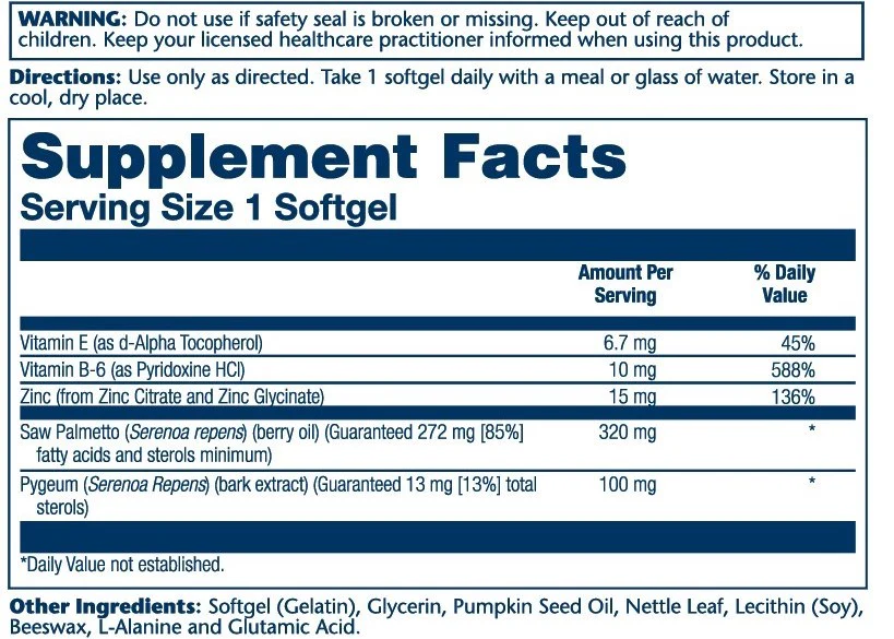 Solaray Saw Palmetto &amp; Pygeum with Zinc &amp; Vitamin E 30 Softgels thumbnail 2