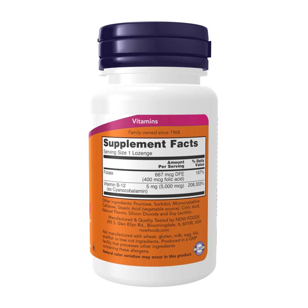 Now Foods B-12 5000 Mcg with Folic Acid – Energy &amp; Nerve Support – 60 Lozenges thumbnail 2