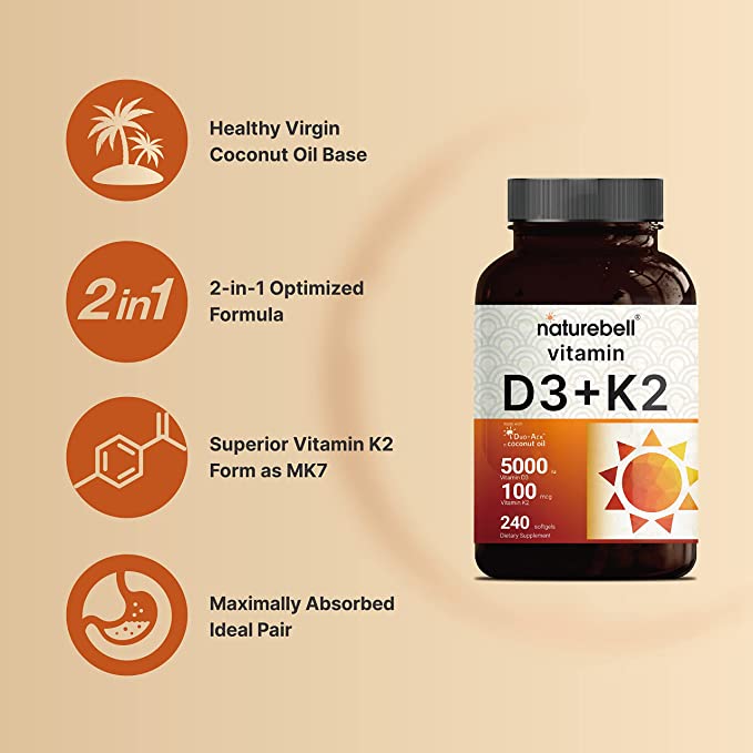 NatureBell Vitamin D3 K2 5,000 IU + 100mcg MK-7 240 Softgels thumbnail 3