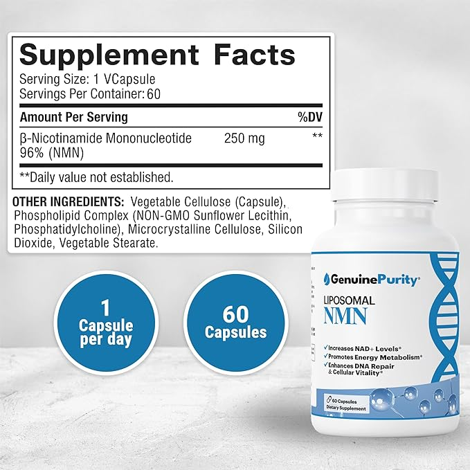 Genuine Purity™ Liposomal Nmn - Cellular Regeneration &amp; Dna Health Supplement - 60 Capsules thumbnail 2