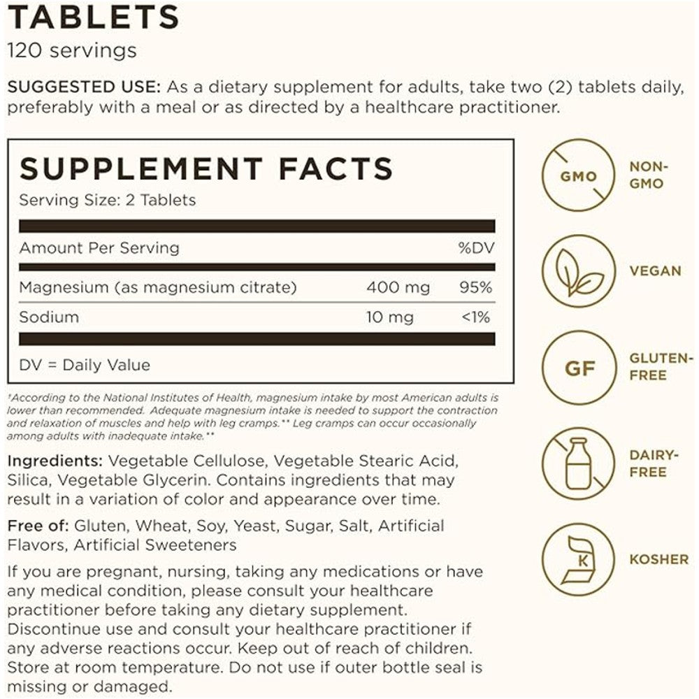 Solgar Magnesium Citrate 120 Tablets – Bone, Nerve &amp; Muscle Support thumbnail 2