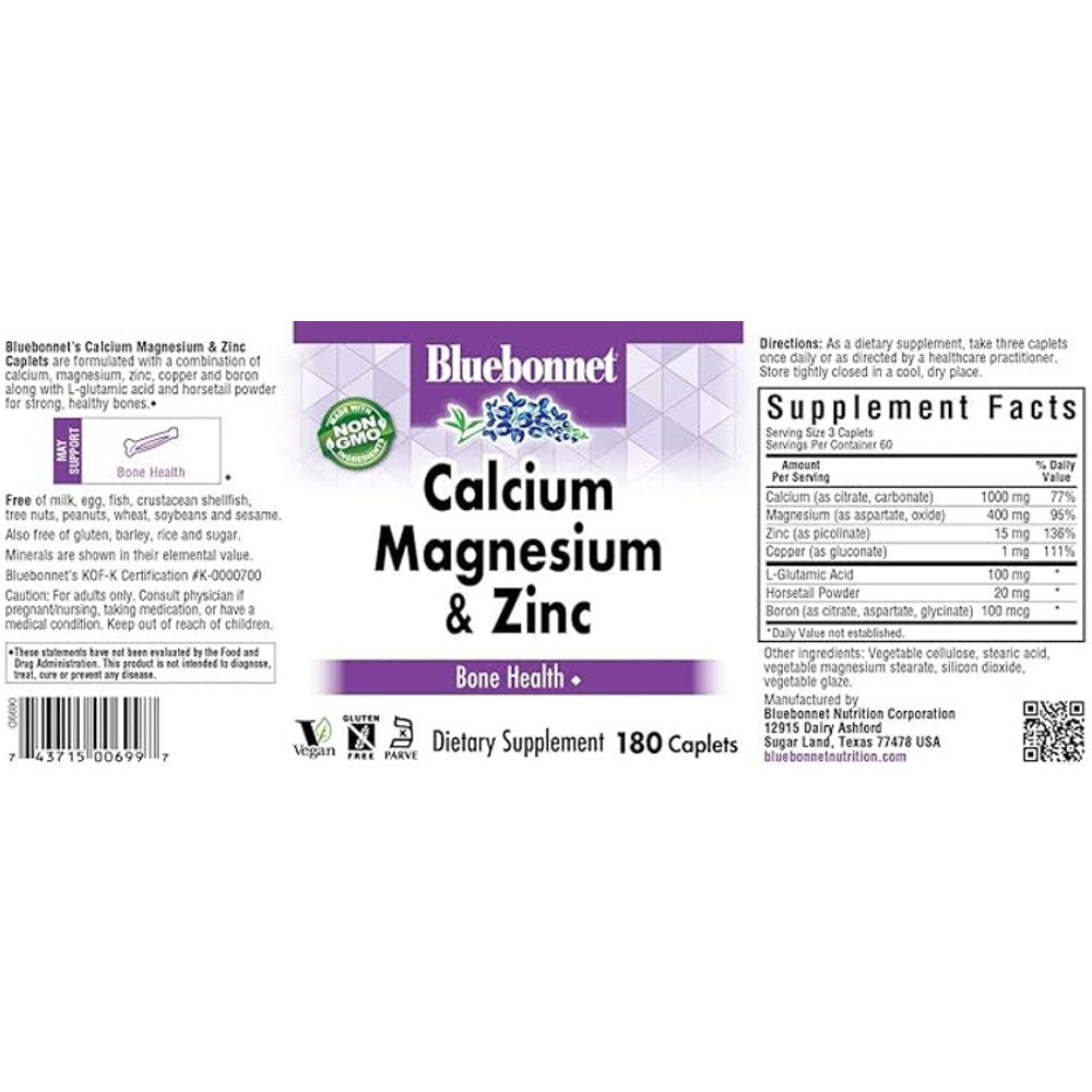 Bluebonnet Calcium Magnesium &amp; Zinc 180 Caplets – Bone Strength &amp; Immune Support thumbnail 2
