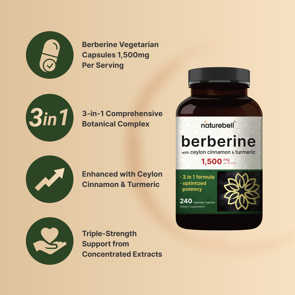 NatureBell Berberine 1,500mg with Ceylon Cinnamon & Turmeric 240 Capsules thumbnail 4