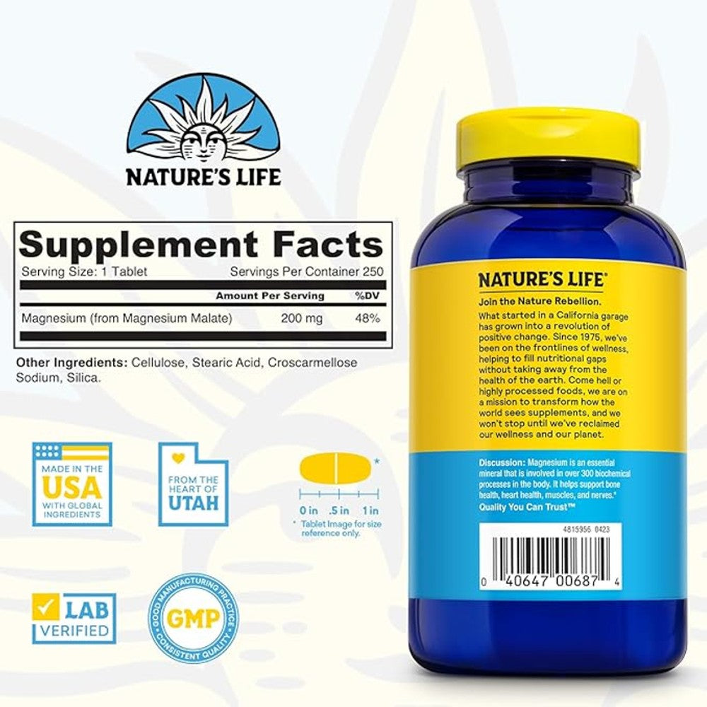 Nature's Life Renewing Magnesium Malate 200mg – Muscle, Heart &amp; Bone Support thumbnail 2