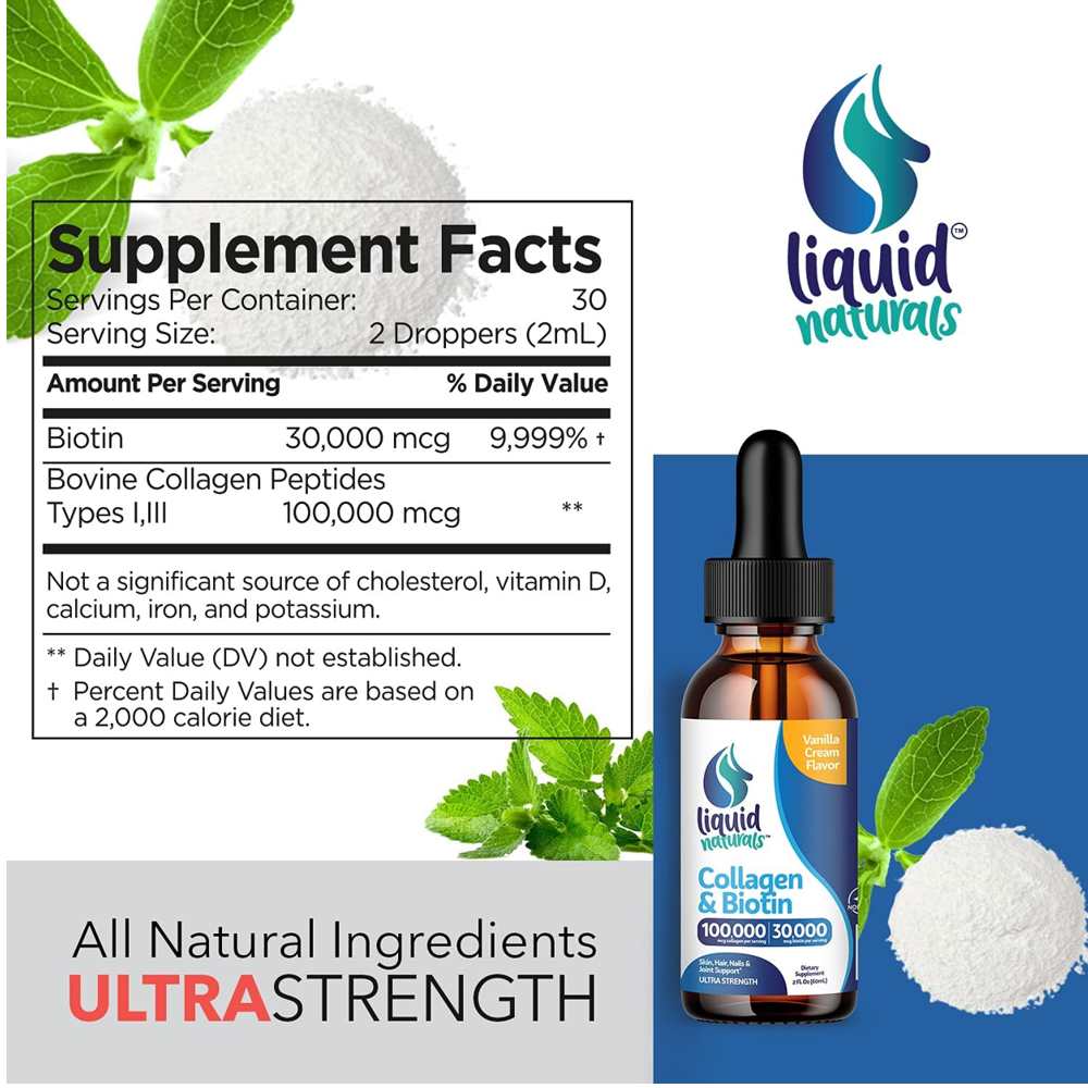 Liquid Naturals Collagen &amp; Biotin – 100,000 Mcg + 30,000 Mcg | Ultra Strength Liquid | 2 Fl Oz thumbnail 2