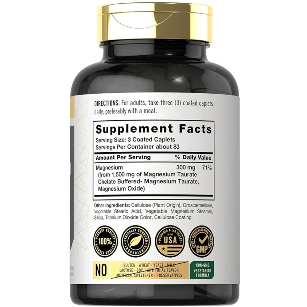 Carlyle Chelated &amp; Buffered Magnesium Taurate 1500mg – 250 Coated Caplets thumbnail 2