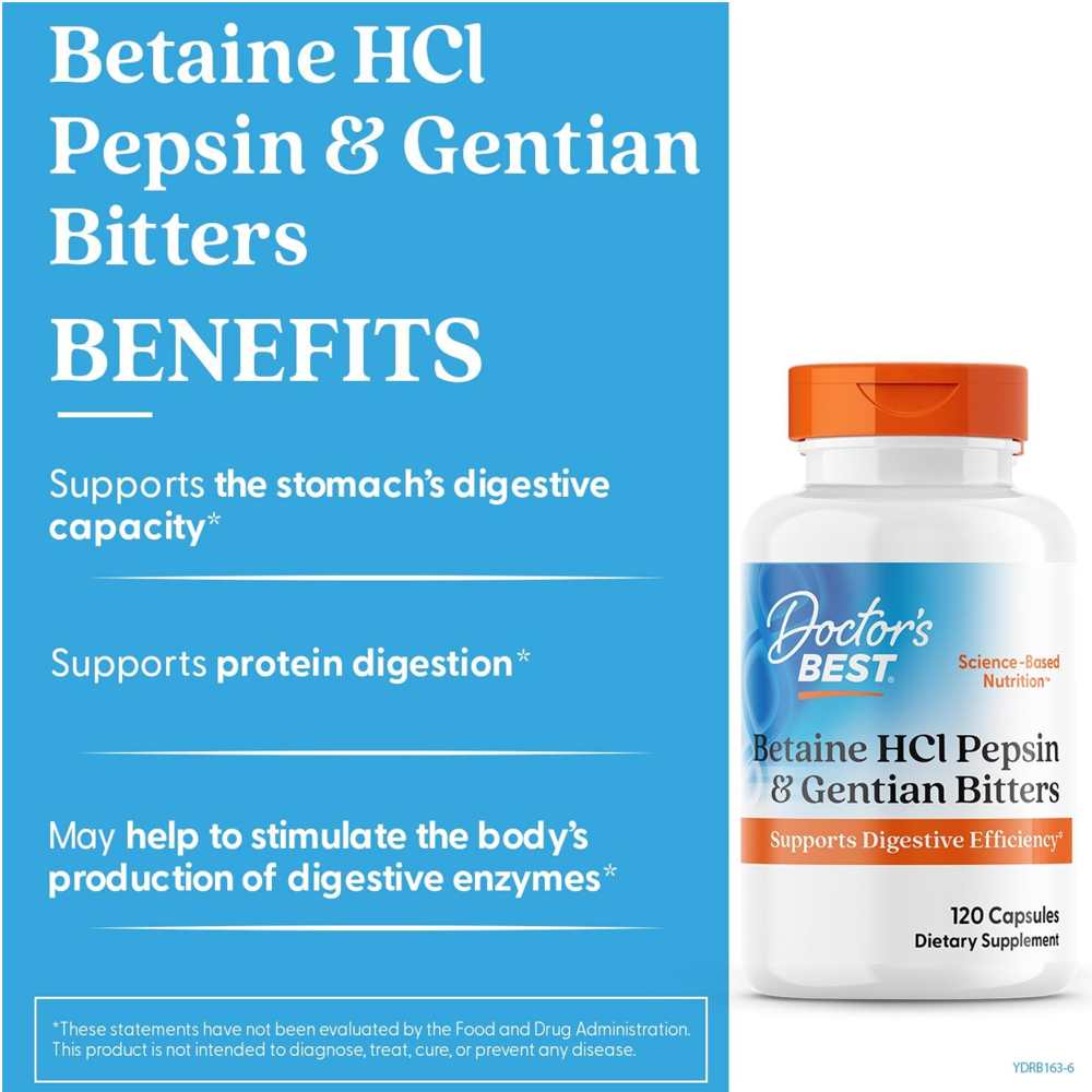 Doctor's Best Betaine H Cl Pepsin &amp; Gentian Bitters, 120 Capsules thumbnail 2
