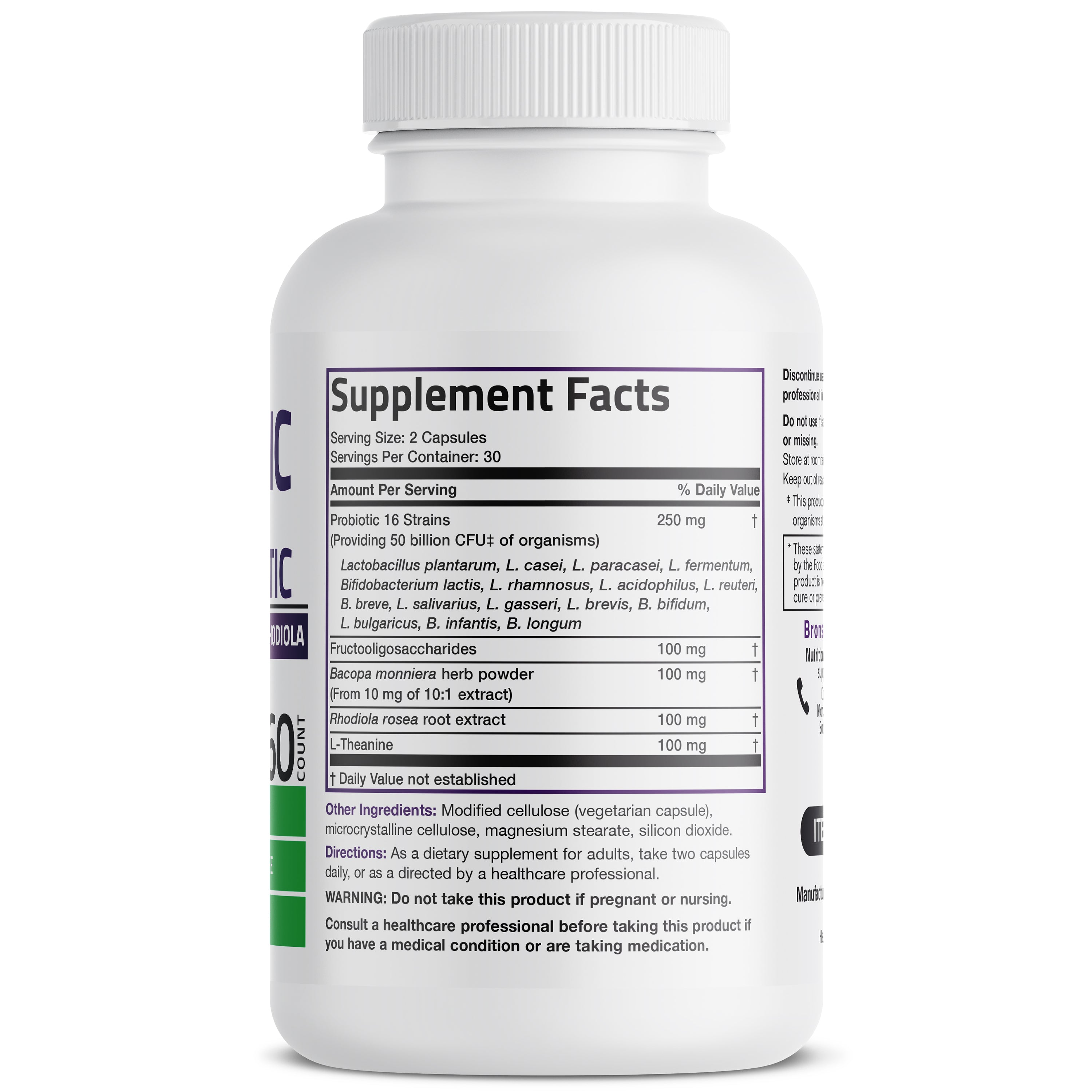 Bronson Vitamins Probiotic Plus Prebiotic with L-Theanine, Bacopa &amp; Rhodiola - 50 Billion Cfu - 60 Vegetarian Capsules thumbnail 2