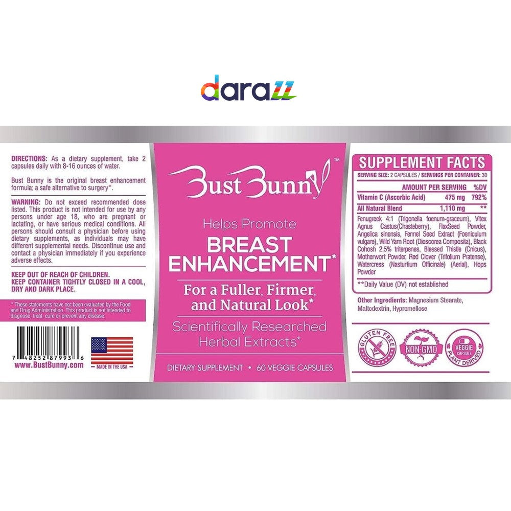 Bust Bunny - Breast Enhancement Supplement | Natural Herbal Formula for Fuller &amp; Firmer Look | 60 Veggie Capsules thumbnail 2