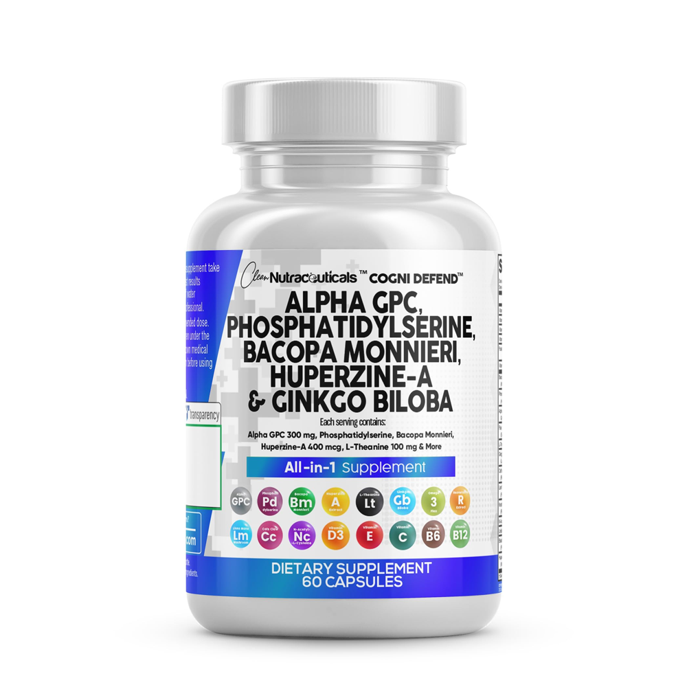 Clean Nutraceuticals Cogni Defend - Alpha GPC, Phosphatidylserine, Bacopa Monnieri, Huperzine-A &amp; Ginkgo Biloba - Brain Support &amp; Cognitive Health - 60 Capsules