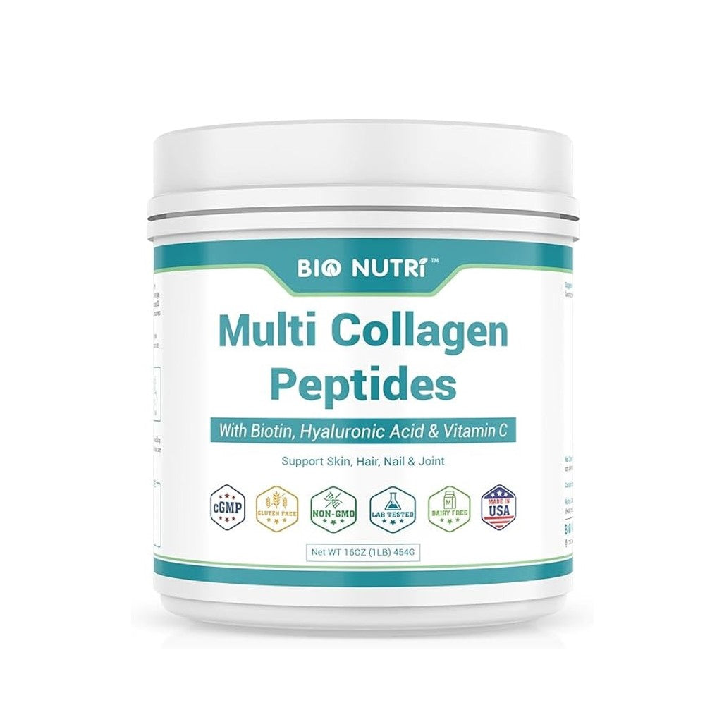 Bio Nutri Multi Collagen Peptides with Biotin, Hyaluronic Acid &amp; Vitamin C – Supports Skin, Hair, Nails &amp; Joints GMP Certified | Made in USA | Dietary Supplement