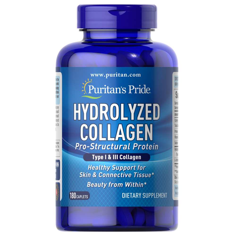 Puritan’s Pride Hydrolyzed Collagen – 180 Caplets | Type I &amp; III | Beauty &amp; Tissue Support