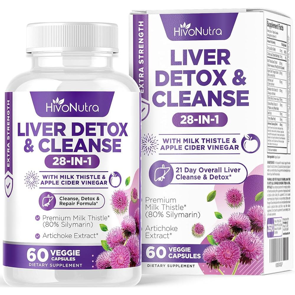 HivoNutra Liver Detox &amp; Cleanse 28-in-1 - Milk Thistle, Apple Cider Vinegar, Artichoke Extract - 60 Veggie Capsules