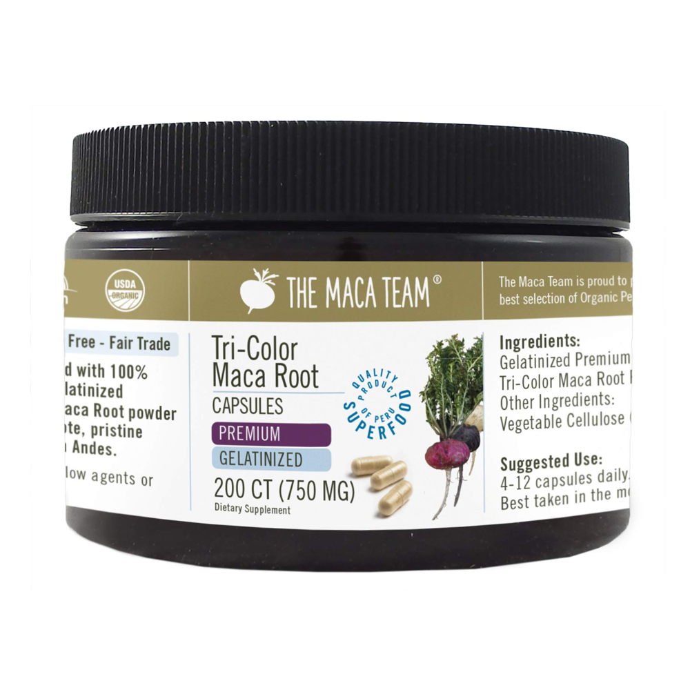 The Maca Team Tri-Color Maca Root Capsules - Premium Gelatinized | 750MG | 200 CT | Organic &amp; Fair Trade