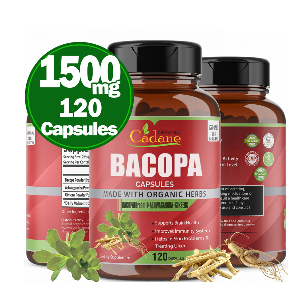 Cadane Bacopa Capsules – Organic Bacopa (Brahmi), Ashwagandha &amp; Ginseng | Brain Health, Immunity &amp; Skin Support | 120 Capsules