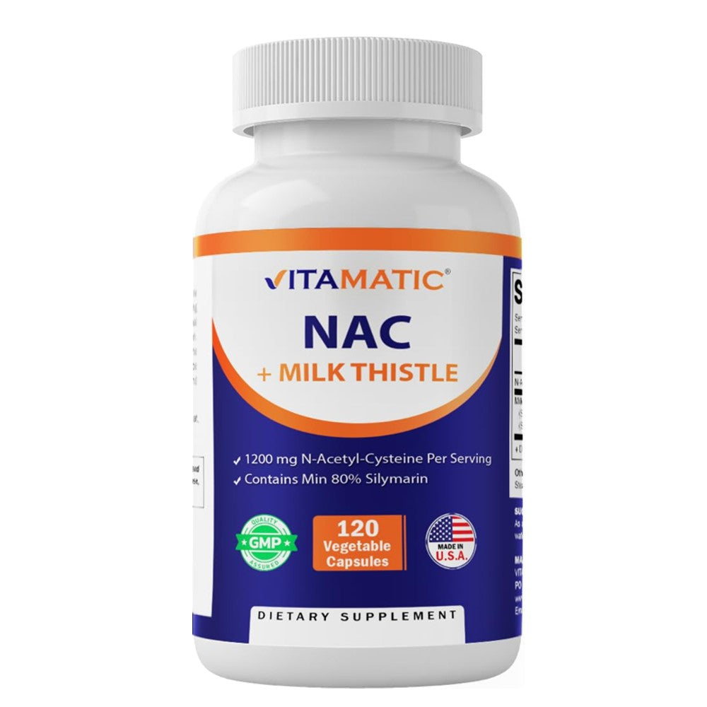 Vitamatic NAC + Milk Thistle – 1200mg N-Acetyl-Cysteine with 80% Silymarin | Liver &amp; Antioxidant Support | 120 Veg Capsules