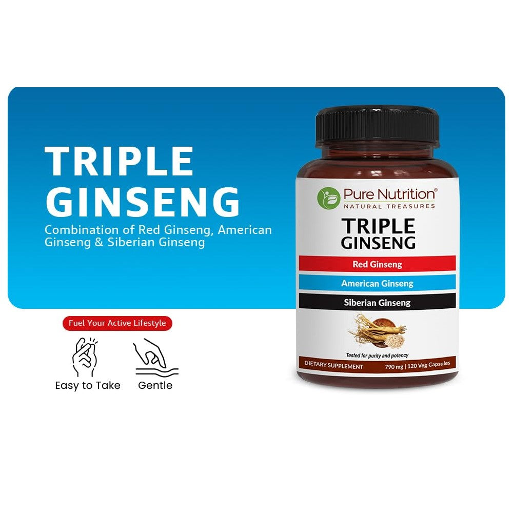 Pure Nutrition Triple Ginseng – Red, American &amp; Siberian Ginseng | 790mg, 120 Veg Capsules