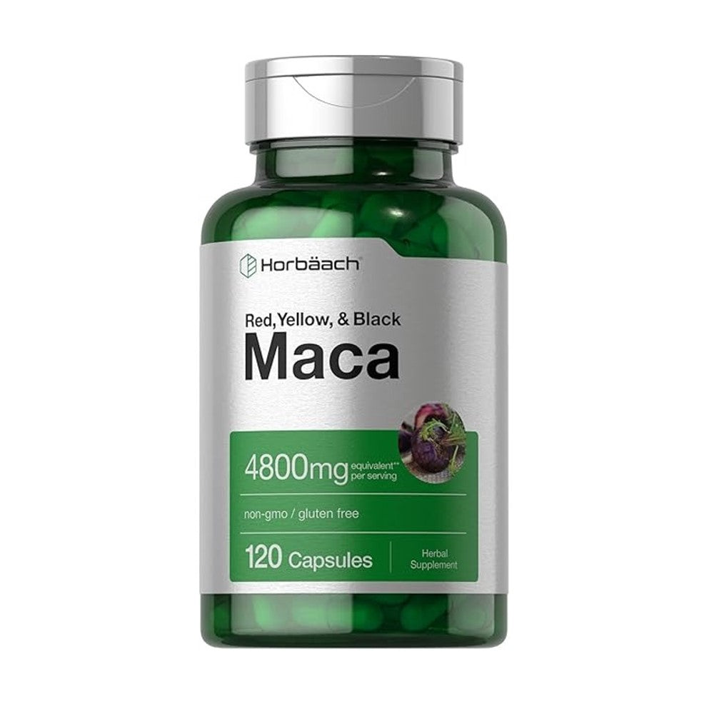 Horbäach Maca Root 4800mg – Red, Yellow &amp; Black Blend | Non-GMO, Gluten-Free Dietary Supplement | 120 Capsules
