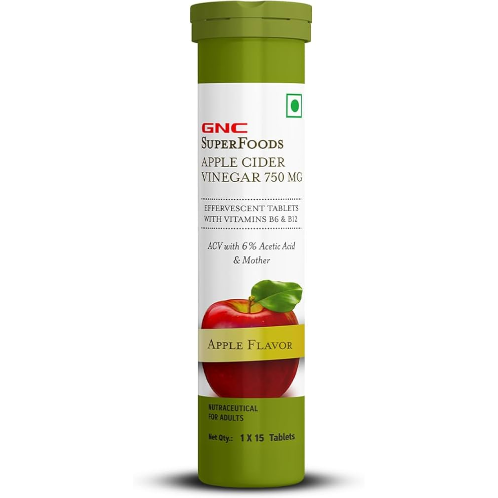 GNC SuperFoods Apple Cider Vinegar 750mg Effervescent Tablets with Vitamins B6 &amp; B12 – Apple Flavor (15 Tablets)