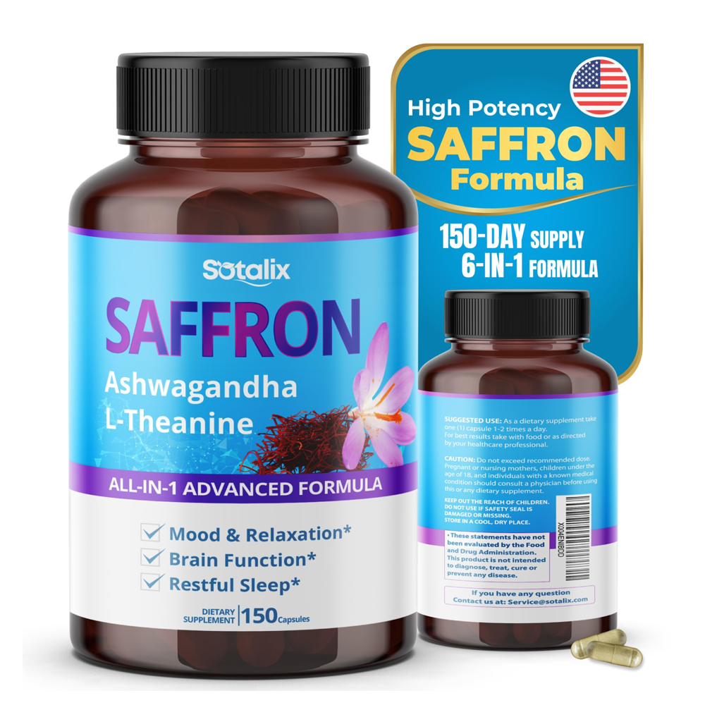 SOTALIX Saffron 14,950mg with Ashwagandha, Ginseng And L-Theanine - For Brain Function &amp; Restful Sleep