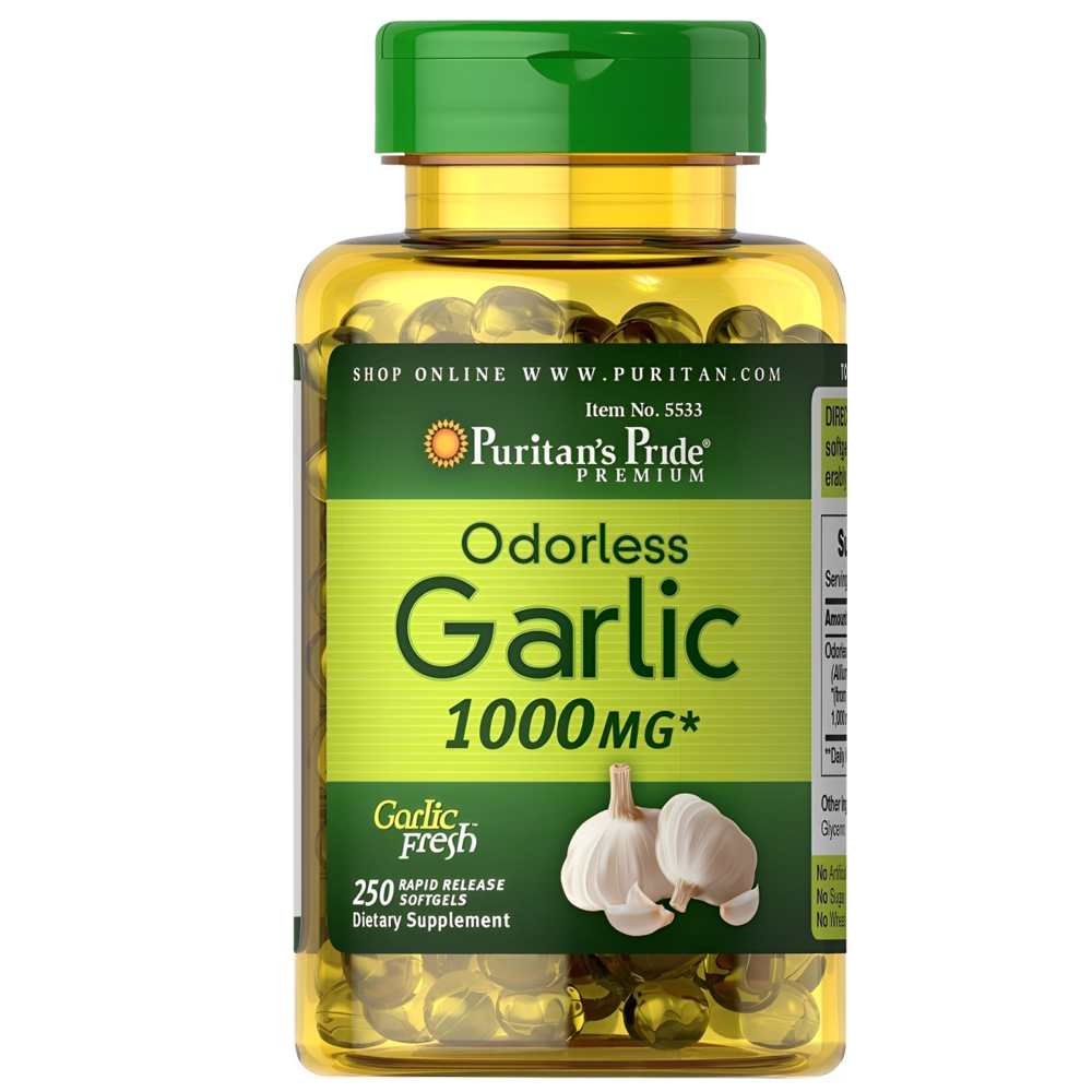 Puritan's Pride Premium Odorless Garlic 1000mg – Supports Heart &amp; Immune Health, 250 Softgels