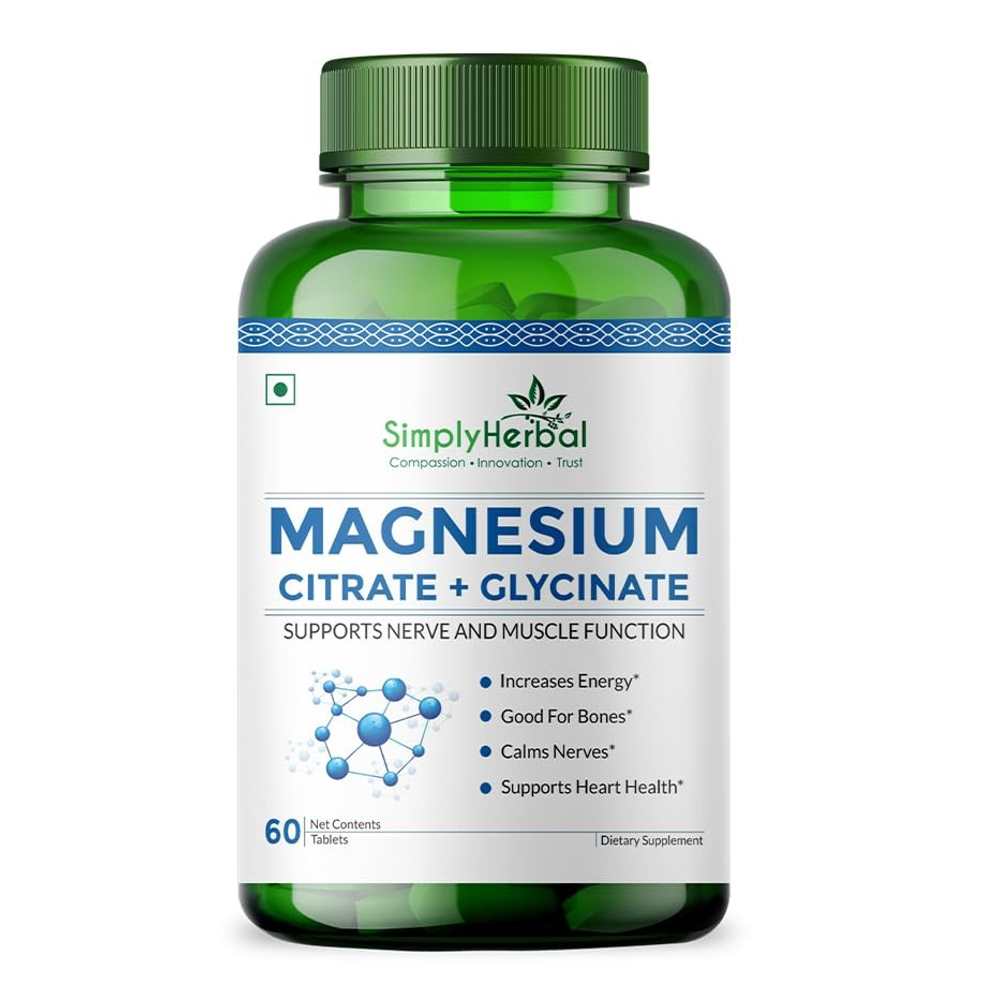 Simply Herbal Magnesium Citrate + Glycinate – Nerve, Muscle &amp; Heart Support | 60 Tablets Dietary Supplement