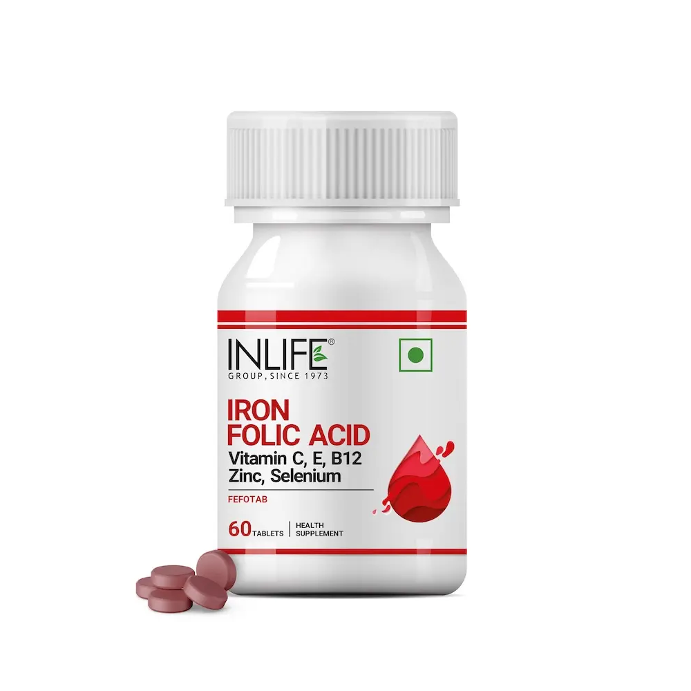 INLIFE Chelated Iron, Folic Acid, Vitamin C, E, B12, Zinc &amp; Selenium Supplement - 60 Tablets