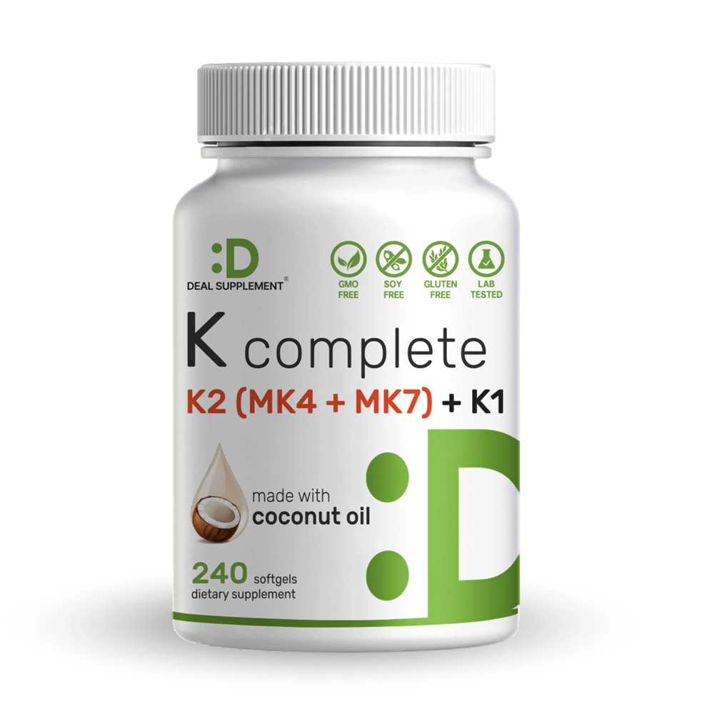 Deal Supplement Premium K Complete - High Potency Vitamin K1, K2 MK-7 &amp; MK-4 Complex, 240 Coconut Oil Infused Softgels