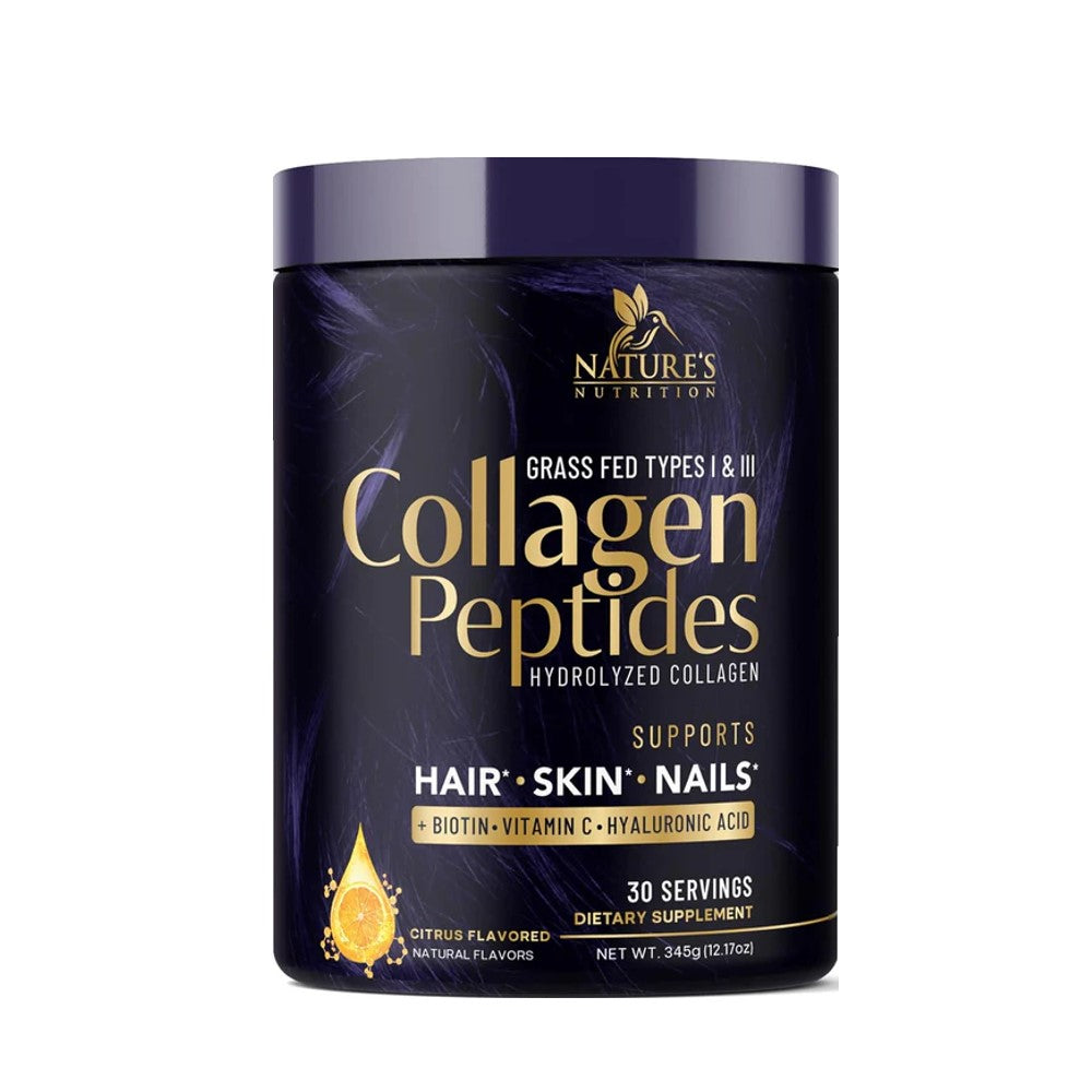 Nature's Nutrition Grass-Fed Bovine Collagen Peptides – Hydrolyzed Collagen with Biotin, Calcium &amp; Hyaluronic Acid Supports Hair, Skin, Nails &amp; Joints | Unflavored | 28 Servings | 20 oz (563g) | Dietary Supplement