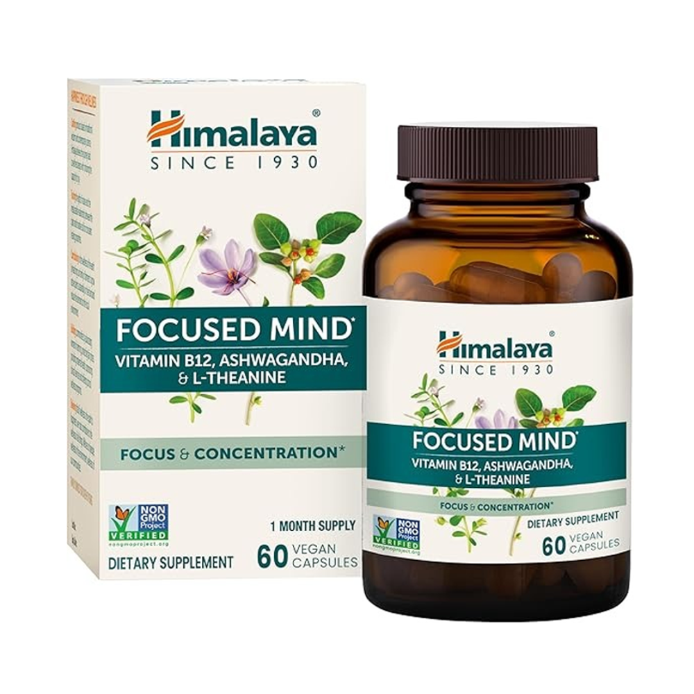 Himalaya Focused Mind – Vitamin B12, Ashwagandha &amp; L-Theanine | Focus &amp; Concentration Support | 60 Vegan Capsules